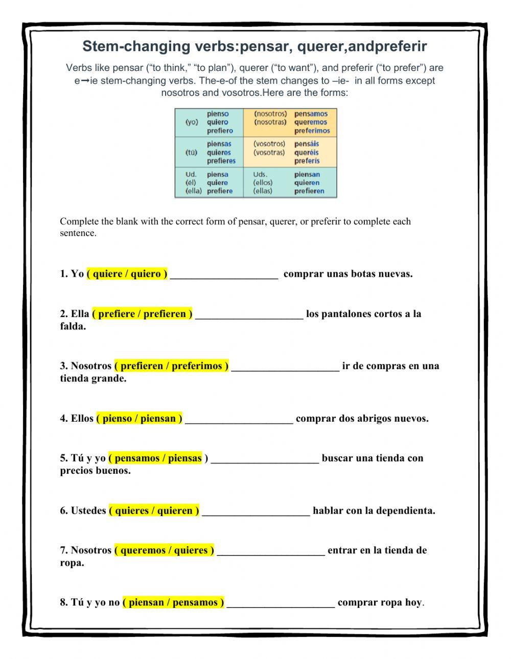 Stem changing verbs pensar querer and preferir online exercise for