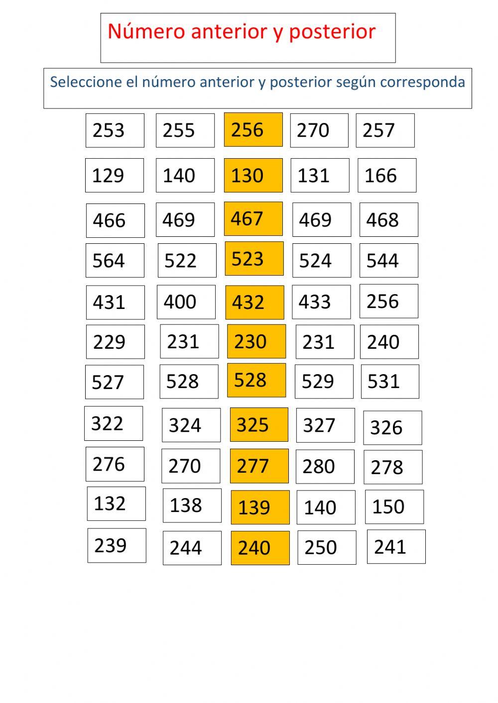 Números anteriores y posteriores