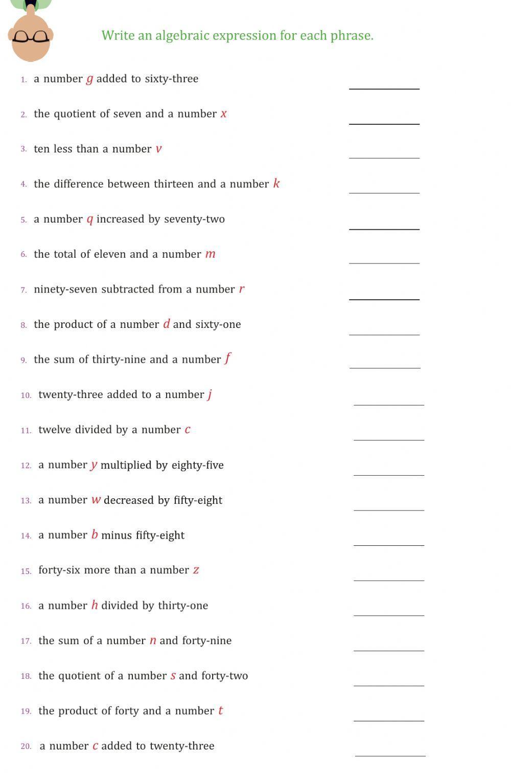 Translating algebraic phrases