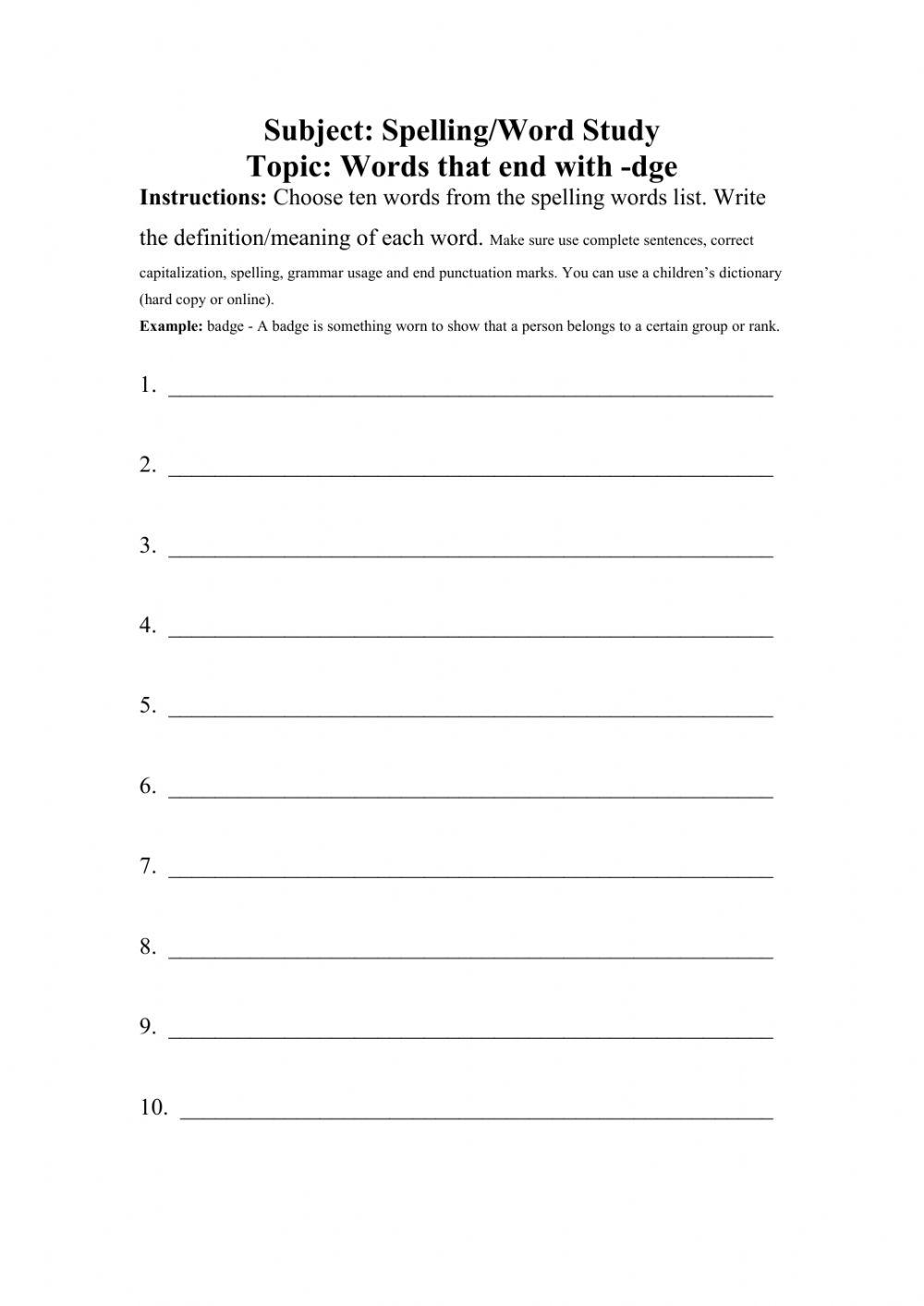 Words that end with -dge Worksheet