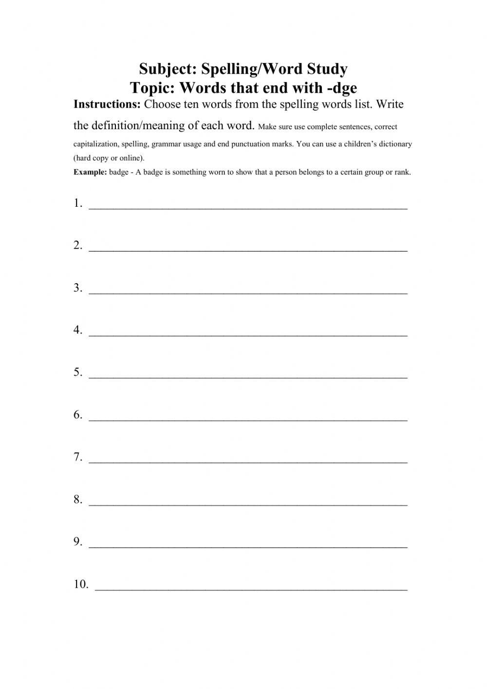 Words that end with dge worksheet worksheet live worksheets