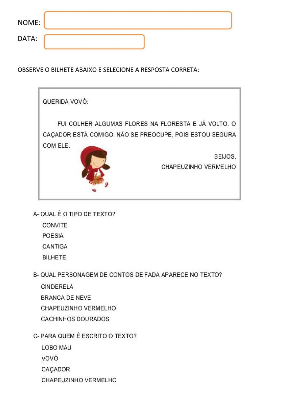 Bilhete chapeuzinho vermelho