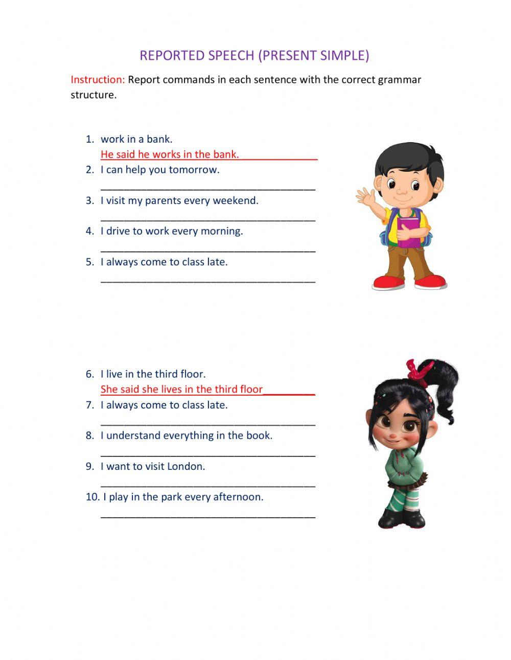 Reported speech online exercise for 6th | Live Worksheets