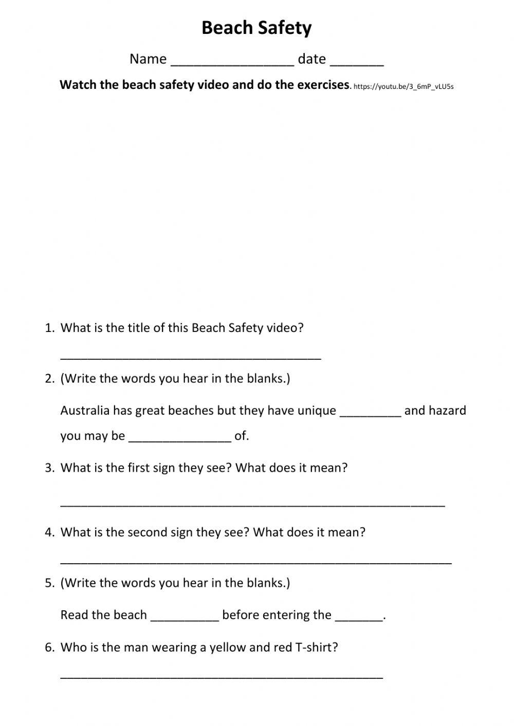 Beach Safety Video worksheet