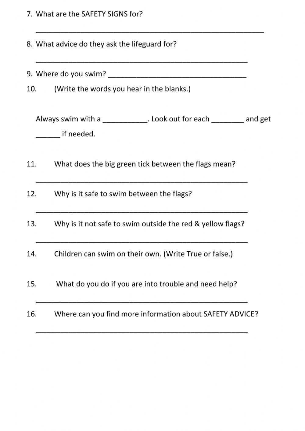 Beach Safety Video worksheet