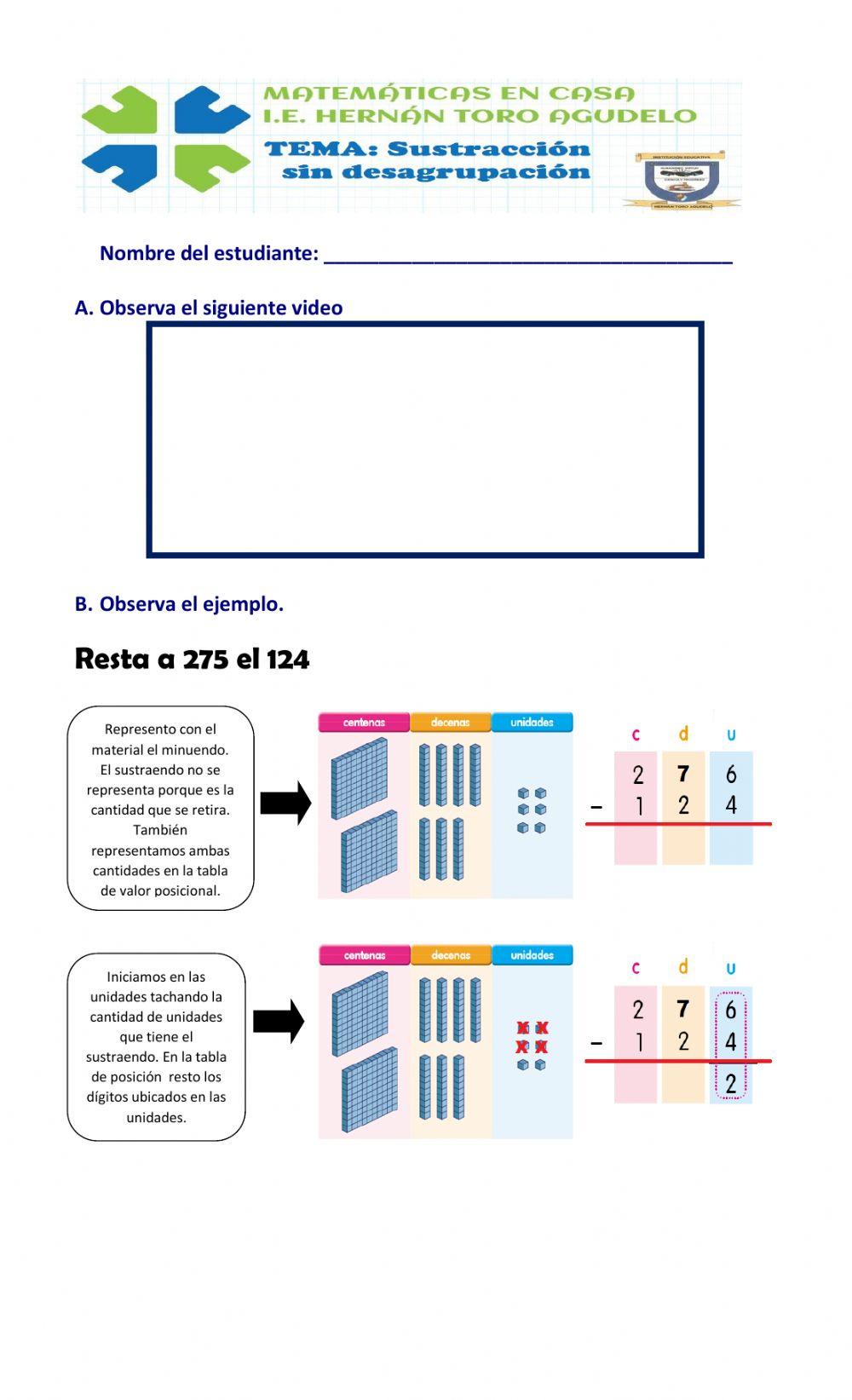 Sustracción de números de tres cifras sin desagrupación