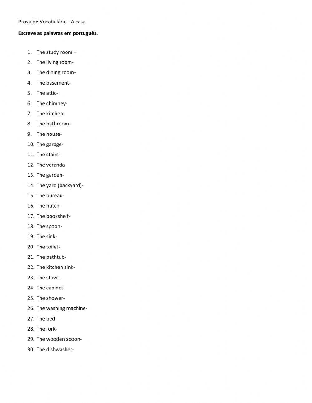 A casa vocabulário