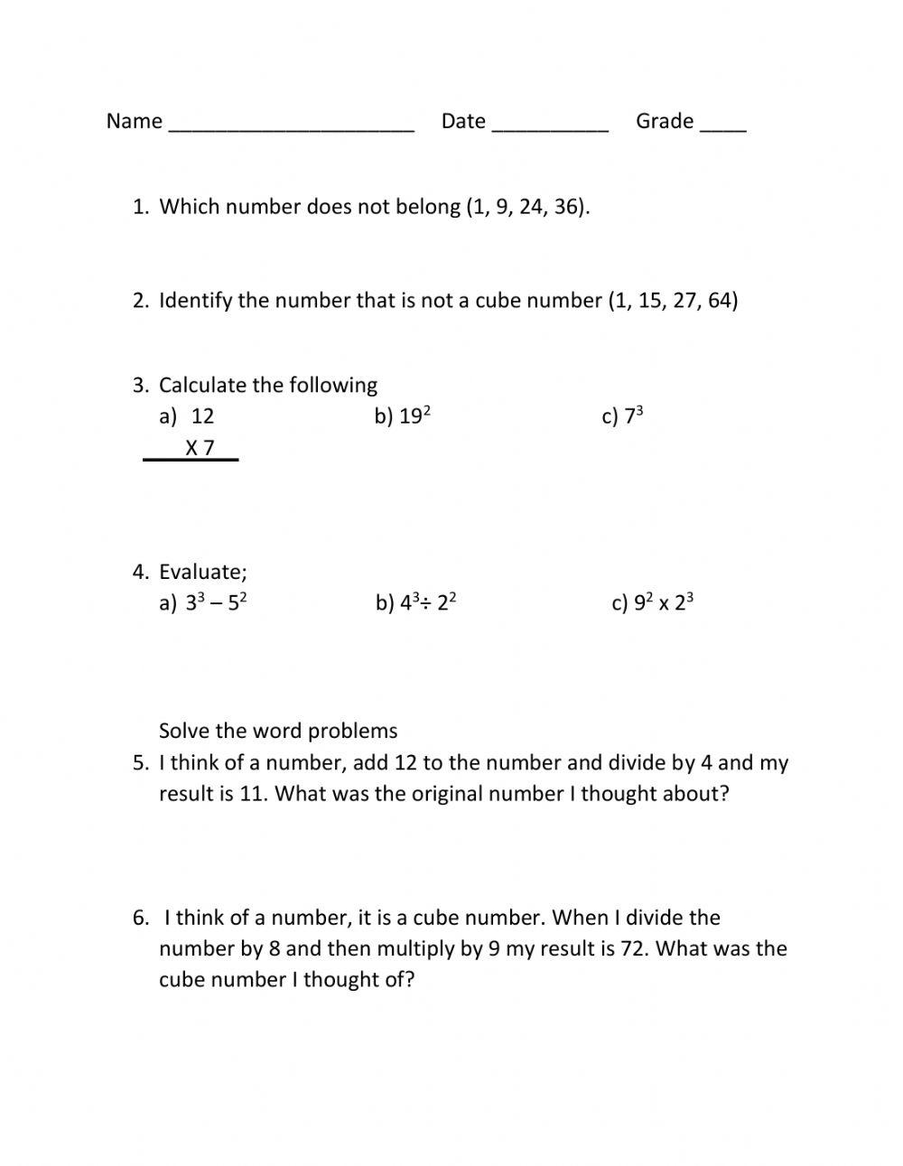 Square and Cube numbers 2 worksheet | Live Worksheets