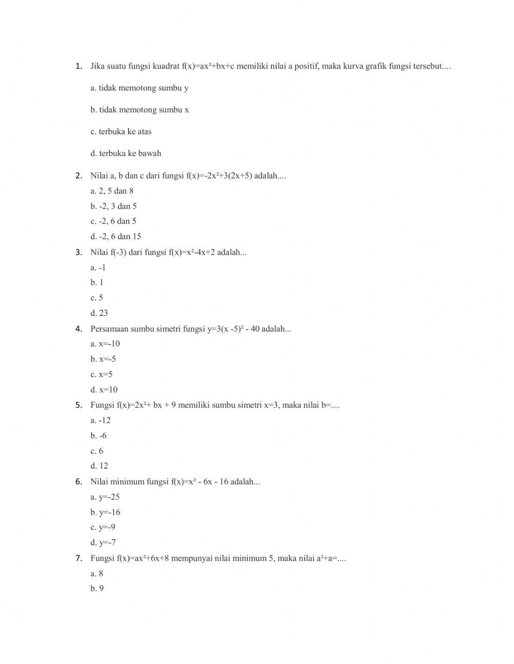 Fungsi kuadrat exercise | Live Worksheets