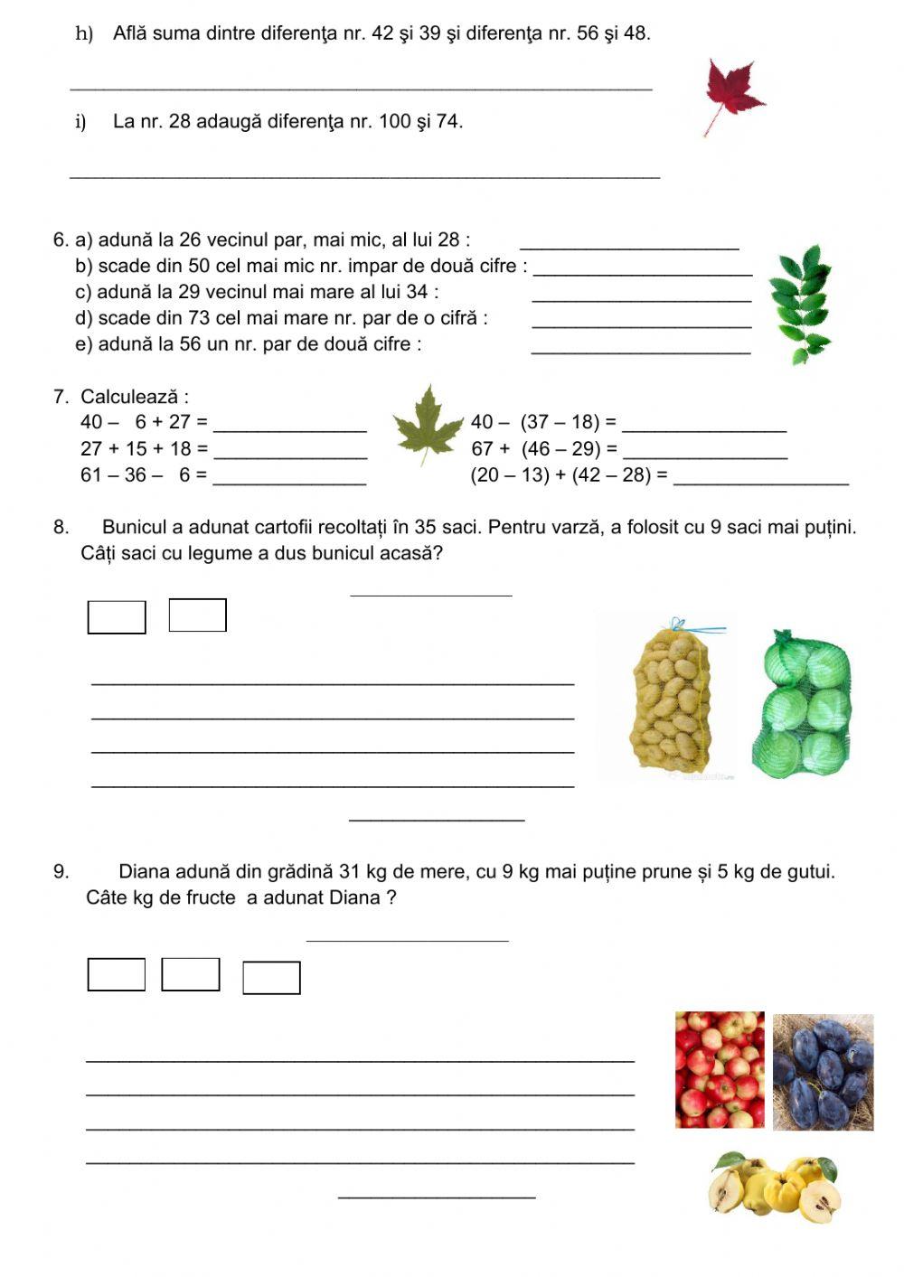 Adunări și scăderi , cu numere de la 0 la 100. Exerciții și probleme