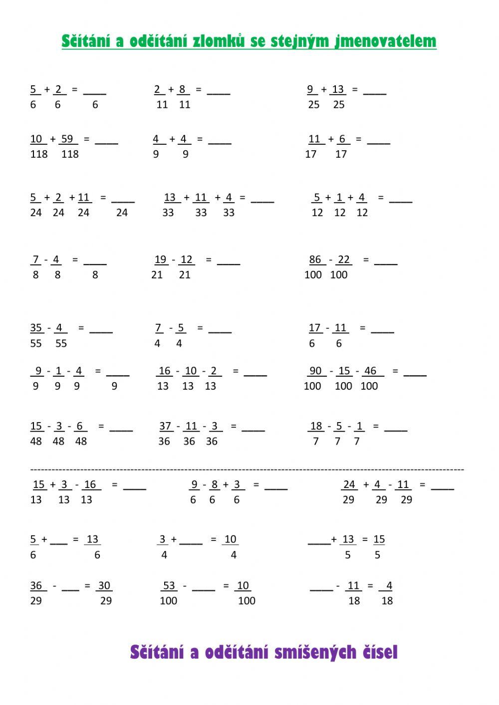 Zlomky - sčítání a odčítání se stejným jmenovatelem