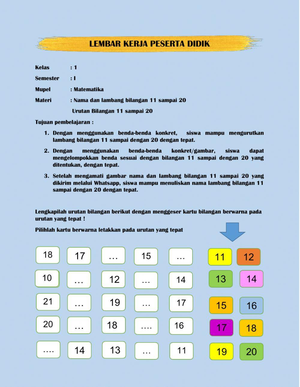 Lembar Kerja Mengurutkan Bilangan 11 samppai 20