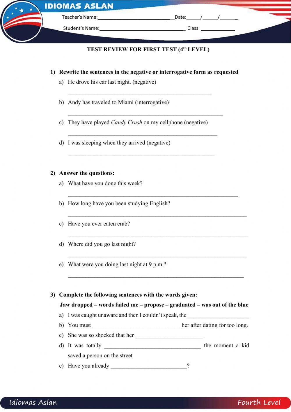 TEST REVIEW GRAMMAR - 4TH