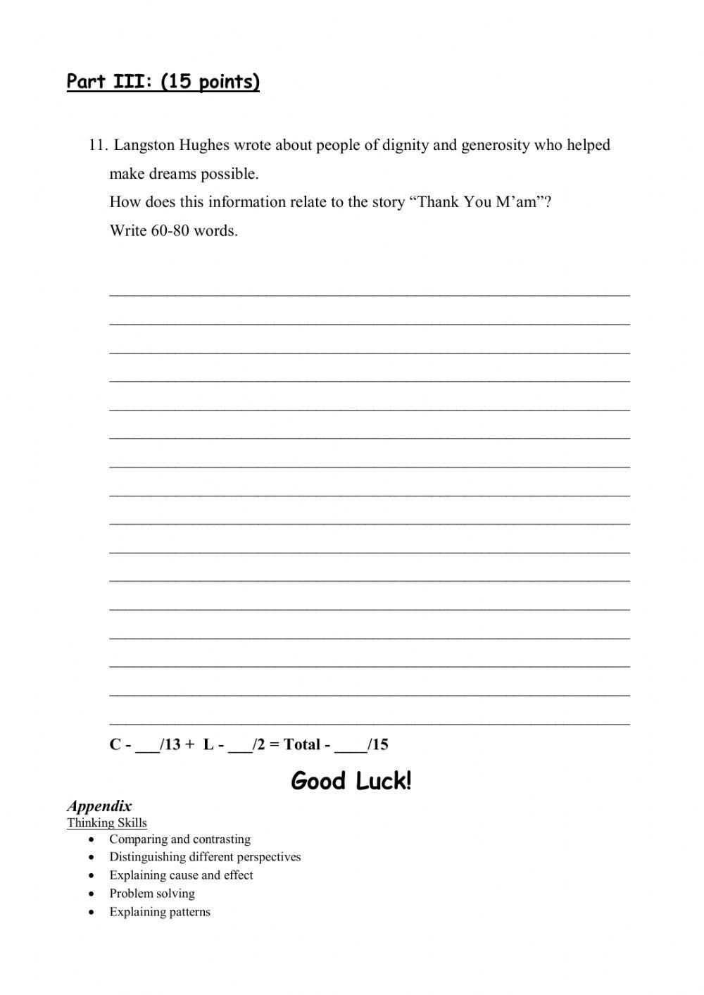 Thank You Ma'm - Summative Assessment