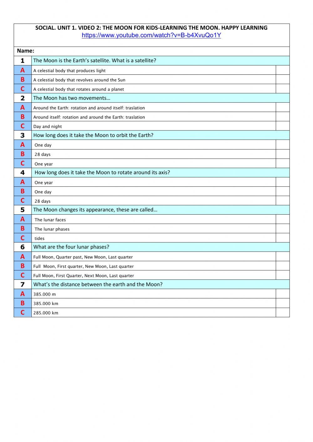 Social u-1 test 2 .The Moon form kids-learning the Moon