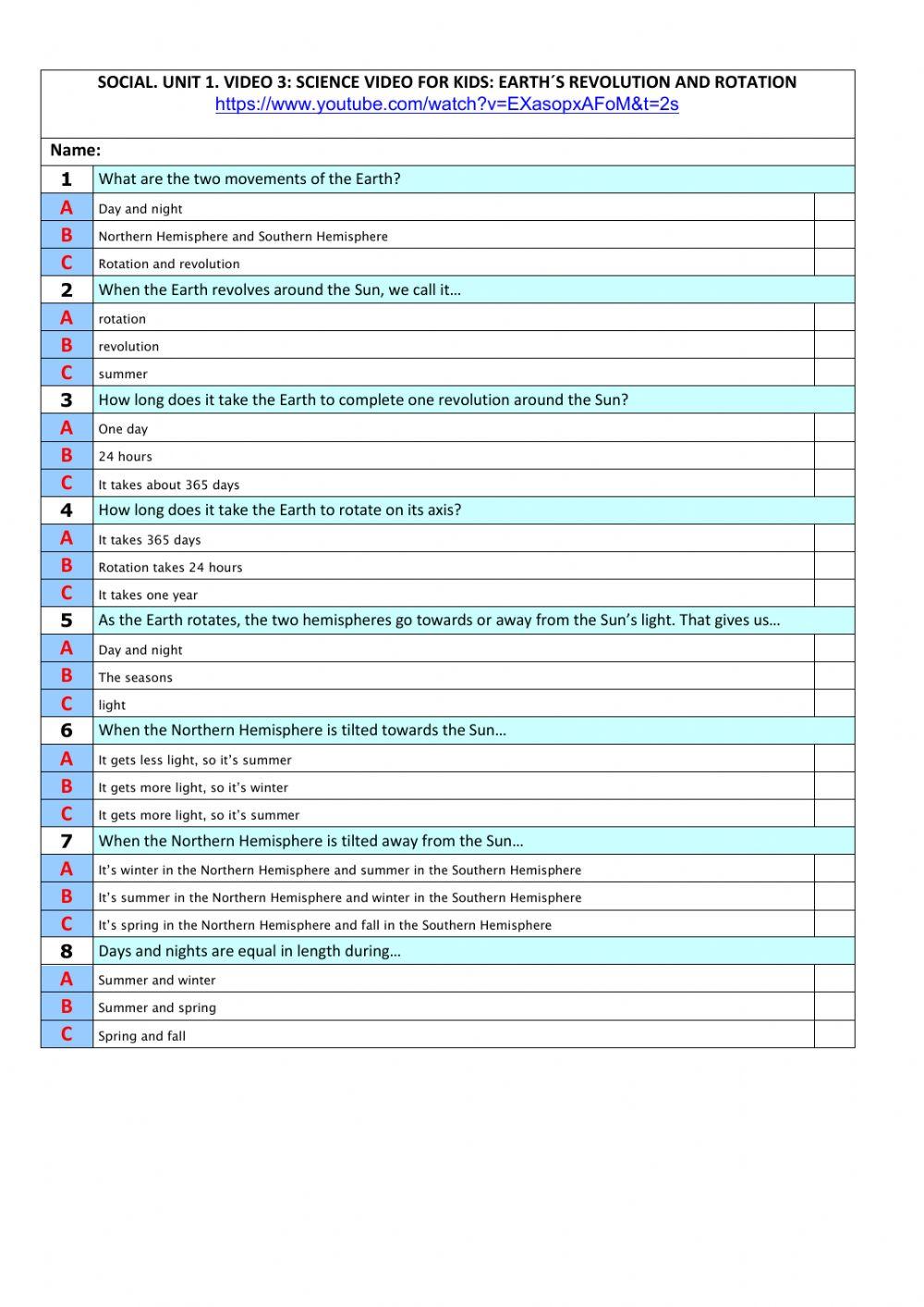 Social u-1 test 3 .Earth’s revolution and Rotation