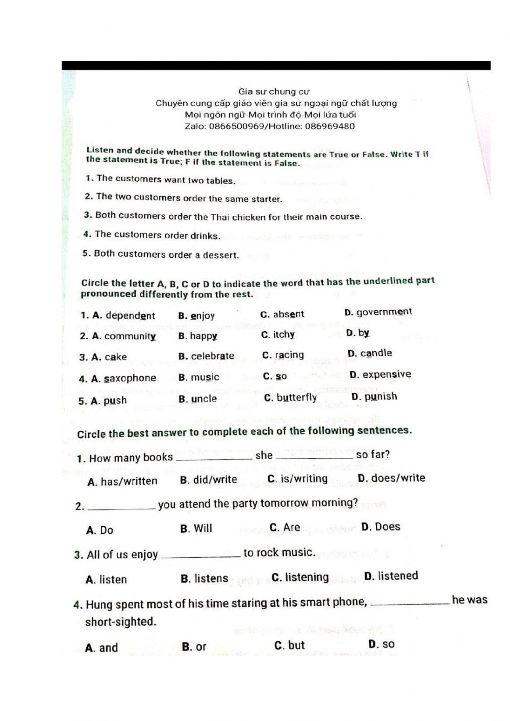 Lớp 7 - Kiểm tra cuối kỳ 1