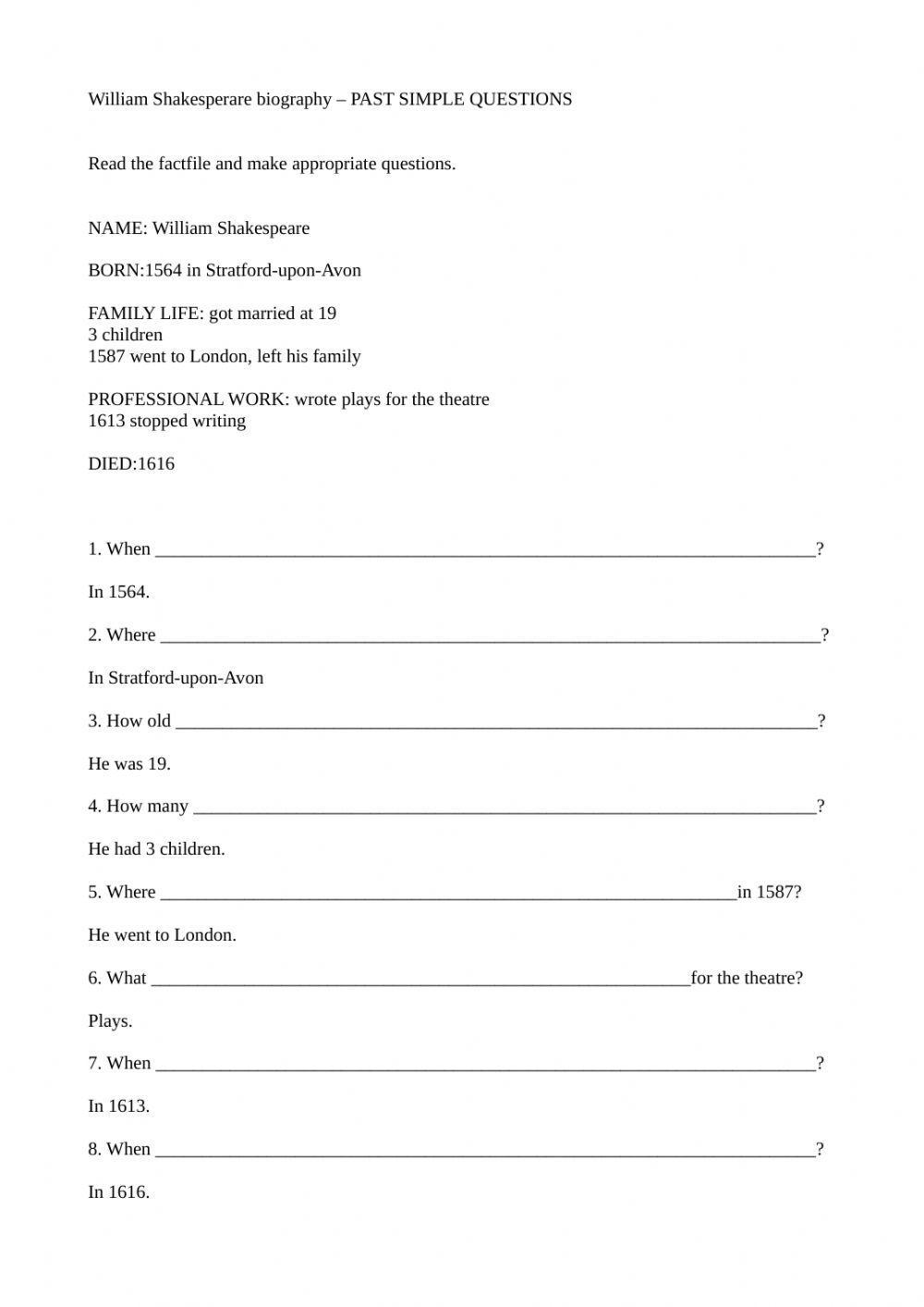 Past simple questions: W. Shakespeare