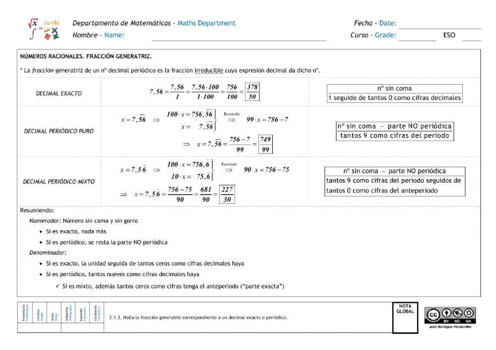 Números racionales. Fracción generatriz