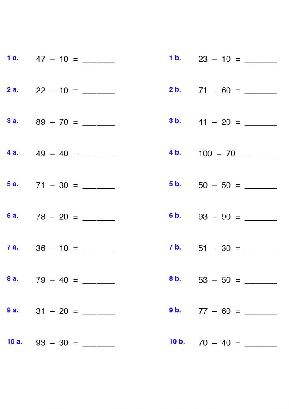 Resta de un número natural menor de 100 con una decena exacta