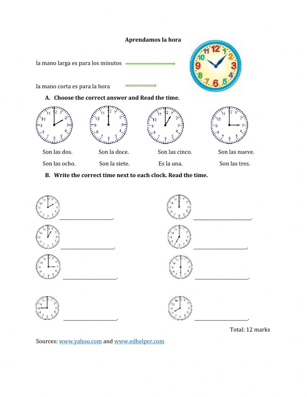 Que hora es ? interactive worksheet Live Worksheets