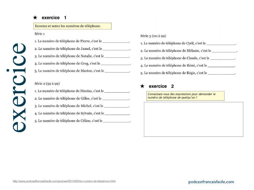 Écrivez les numéros de téléphone