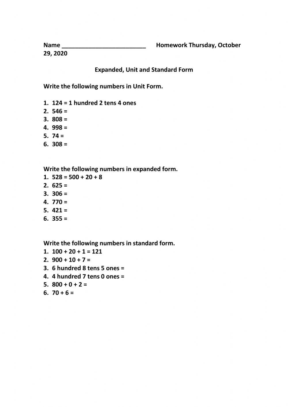 Math Homework number forms