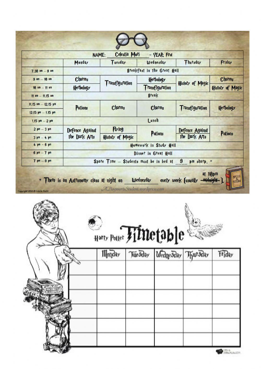 Harry potter hogwarts timetable