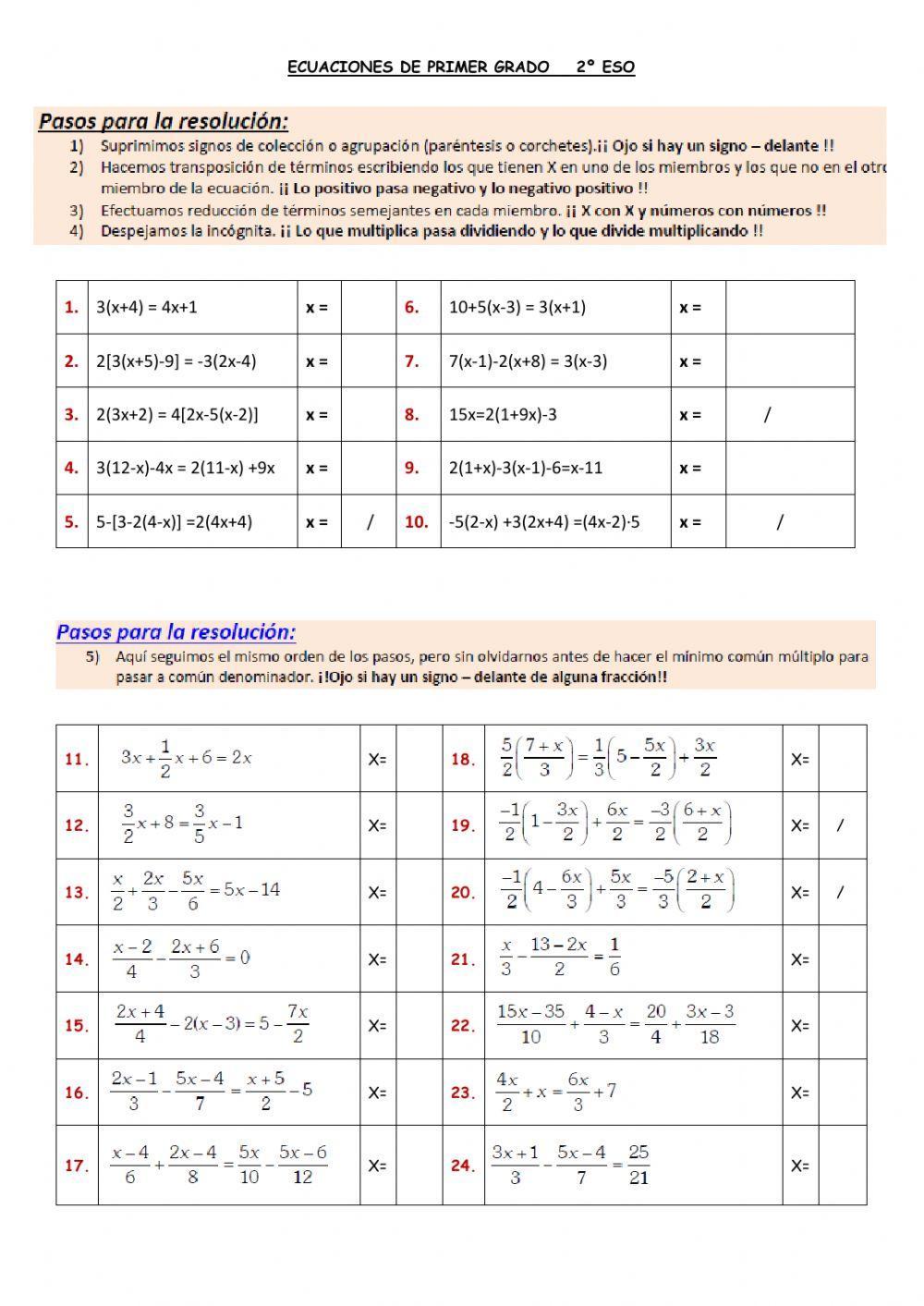 Ecuaciones de primer grado free online worksheet | Live Worksheets
