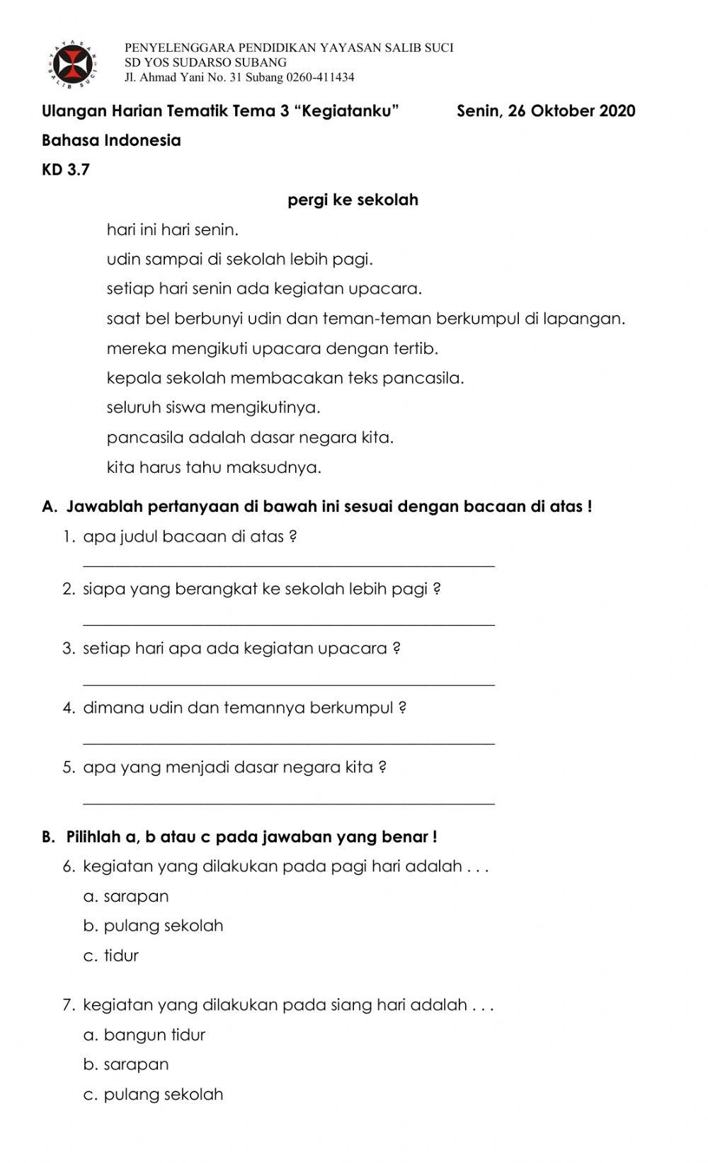 Ulangan Bahasa Indonesia Tema 3 -Kegiatanku-