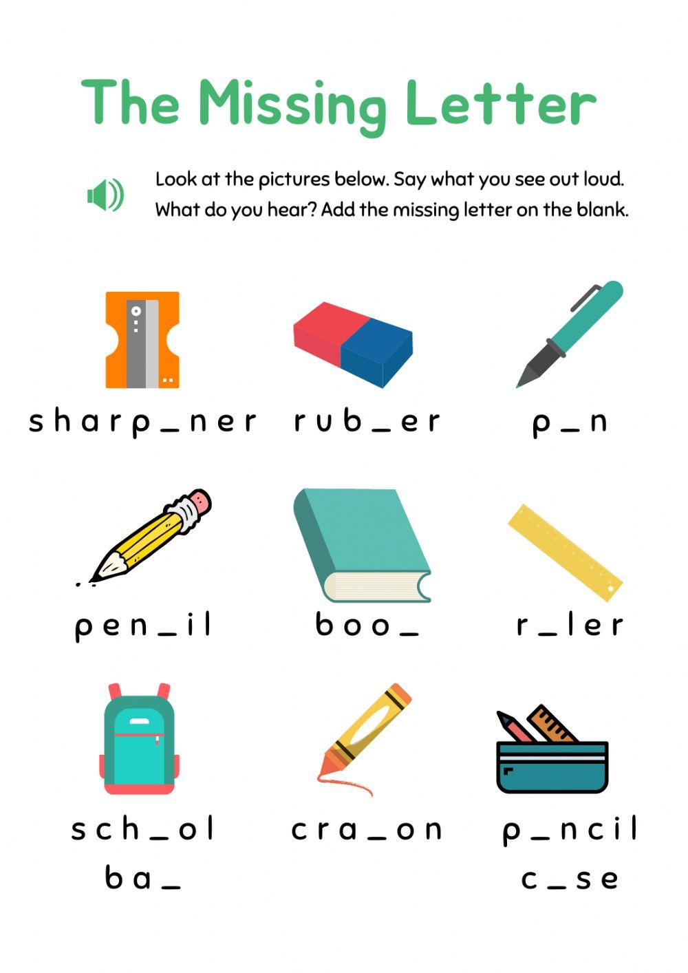 Write the missing letter. School materials
