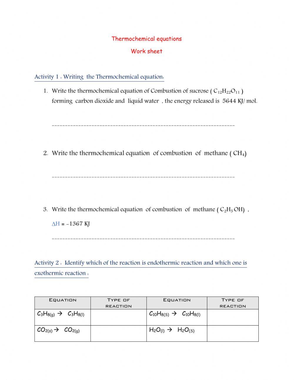 Worksheet: Endothermic and Exothermic Reactions, and Thermochemical ...