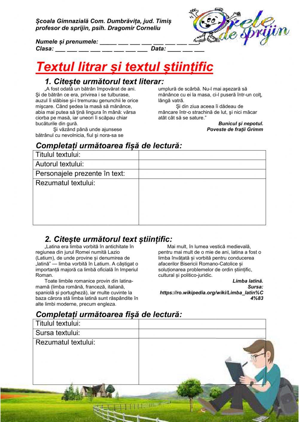 Textul literar și textul științific Textul literar și textul științific