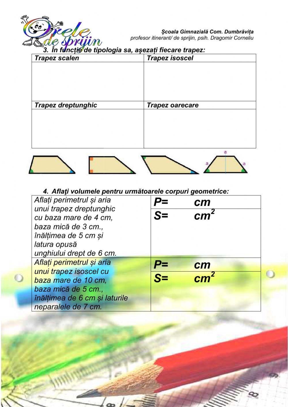 Trapezul: proprietati, clasificare, perimetrul, aria