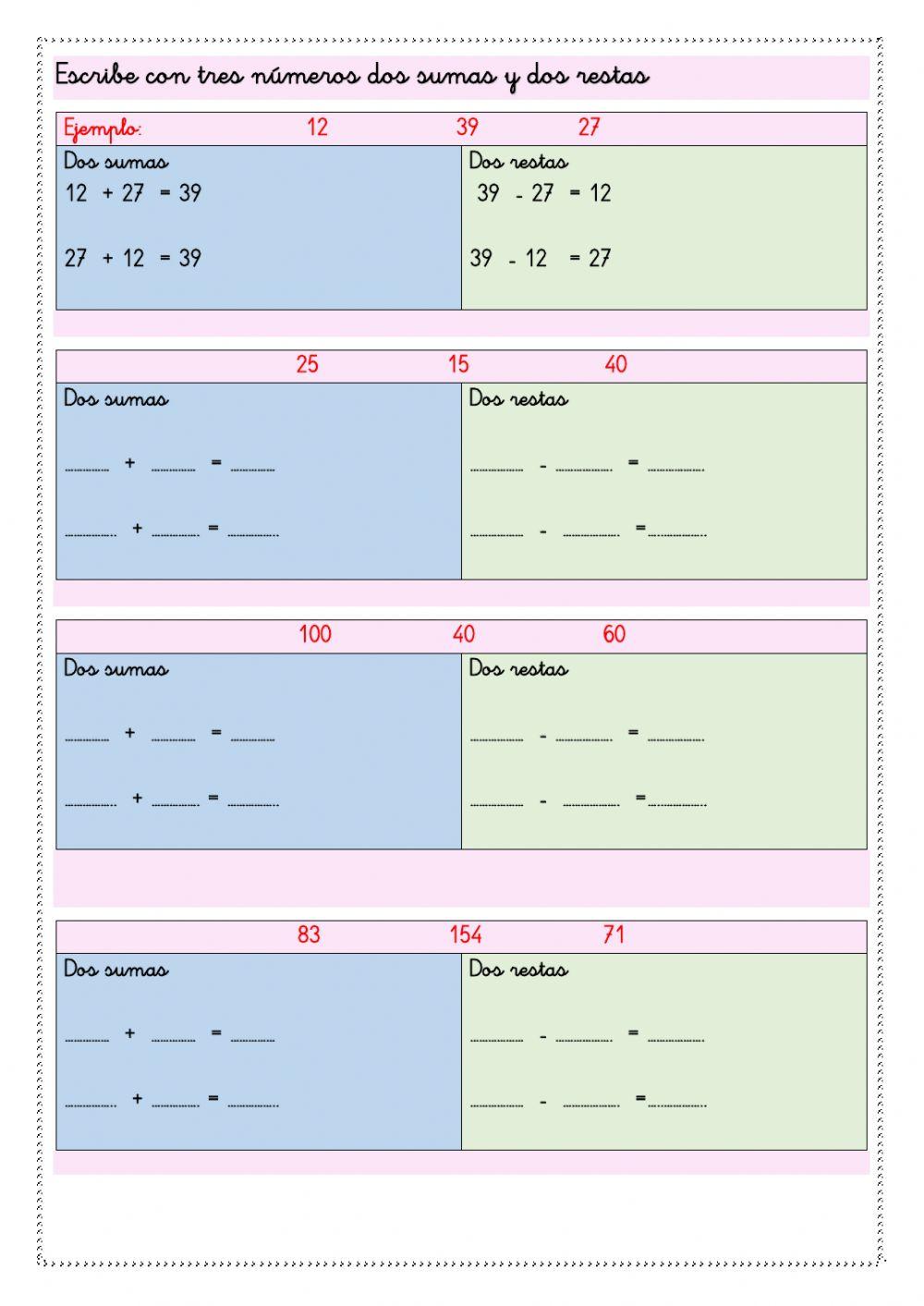 Escribe dos sumas y dos restas con tres números 