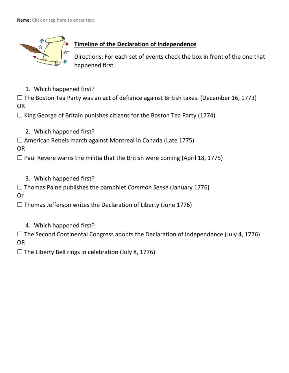 Declaration of Independence Timeline with dates