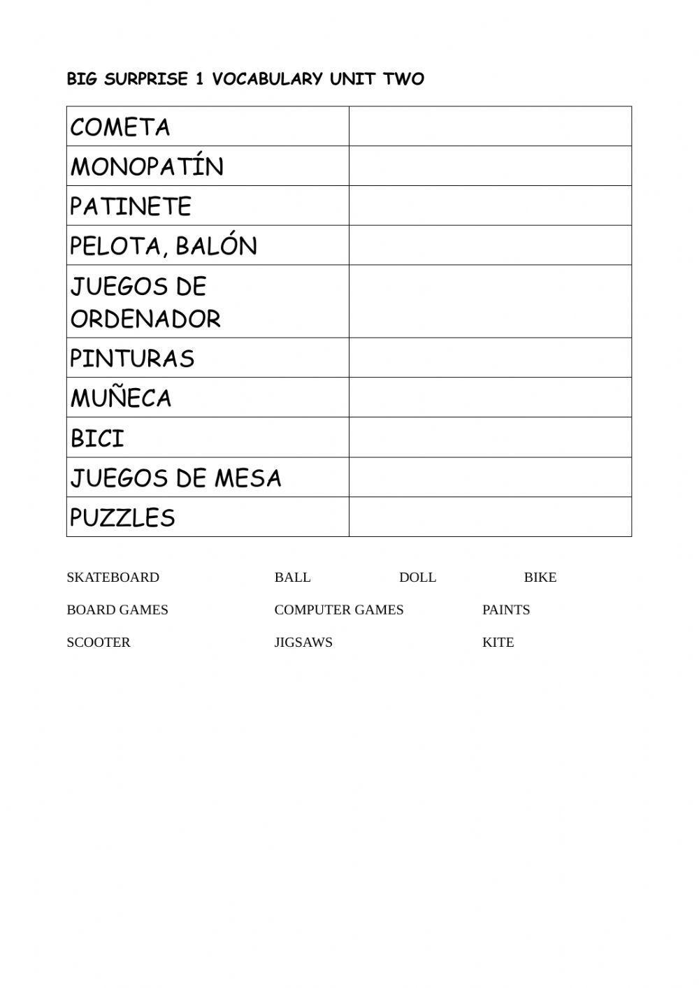 Big surprise 1 unit two vocabulary