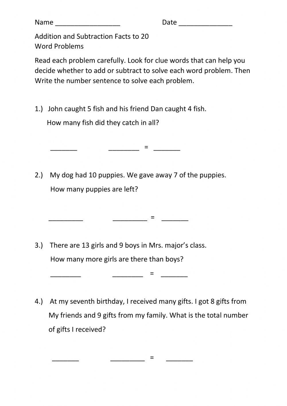 Addition and Subtraction Facts to 20 Word Problems