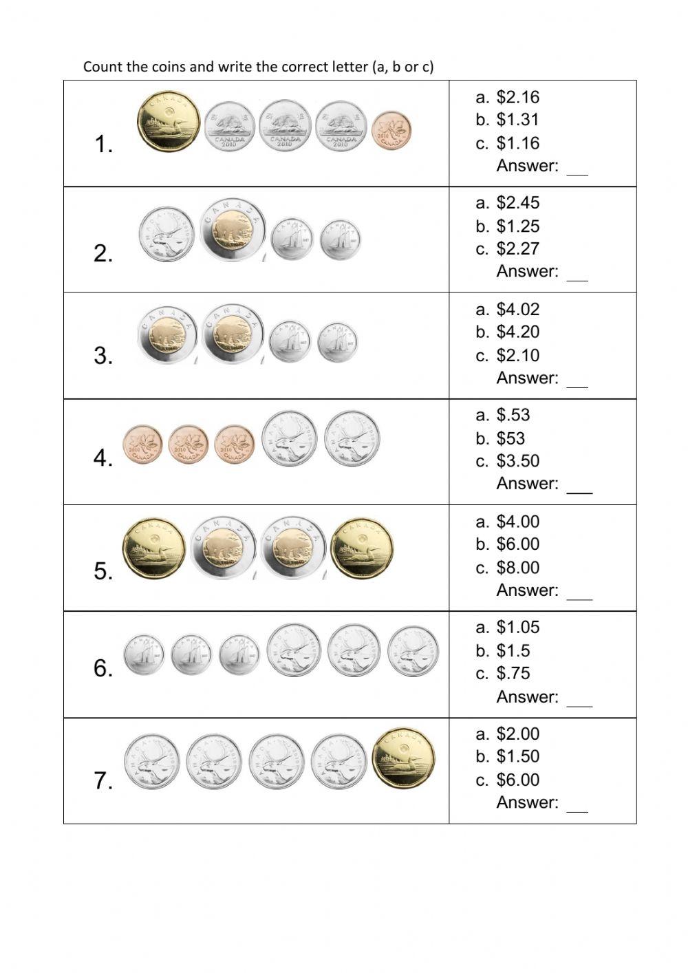 Canadian coins amounts - multiple choice