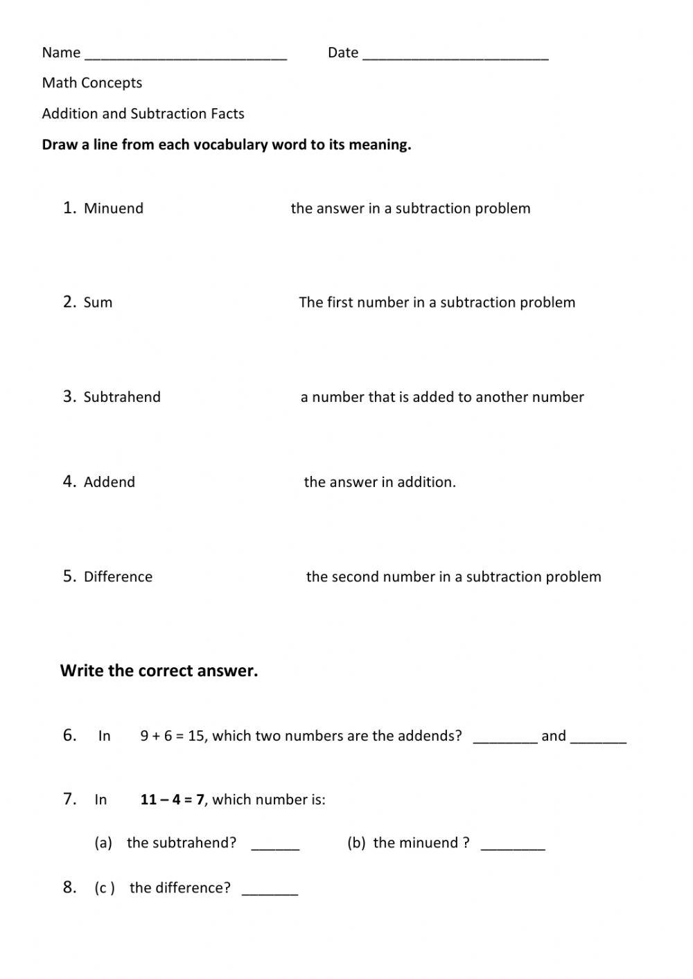 Additition and Subtraction Facts Concept
