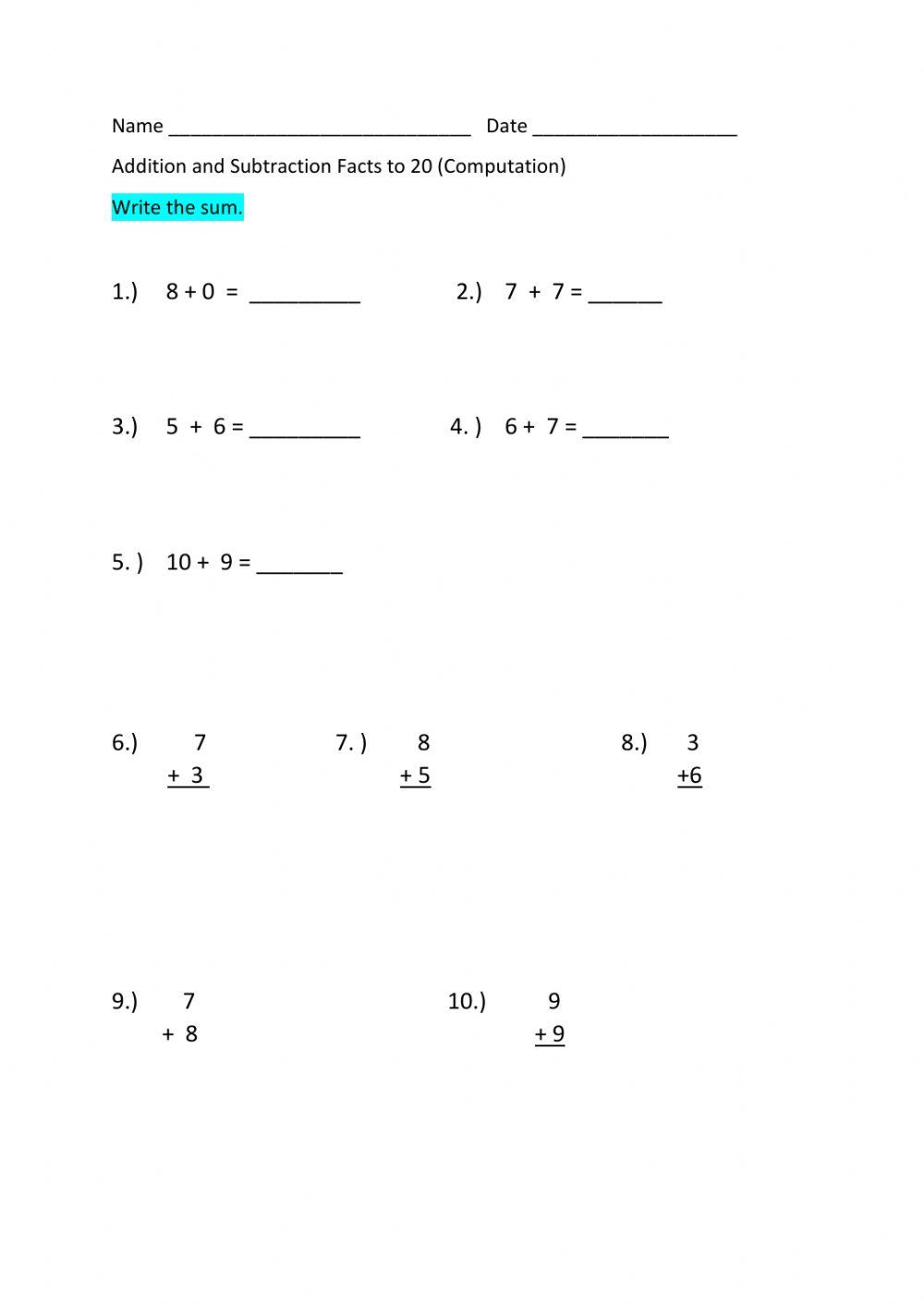 Addition and Subtraction Facts to 20