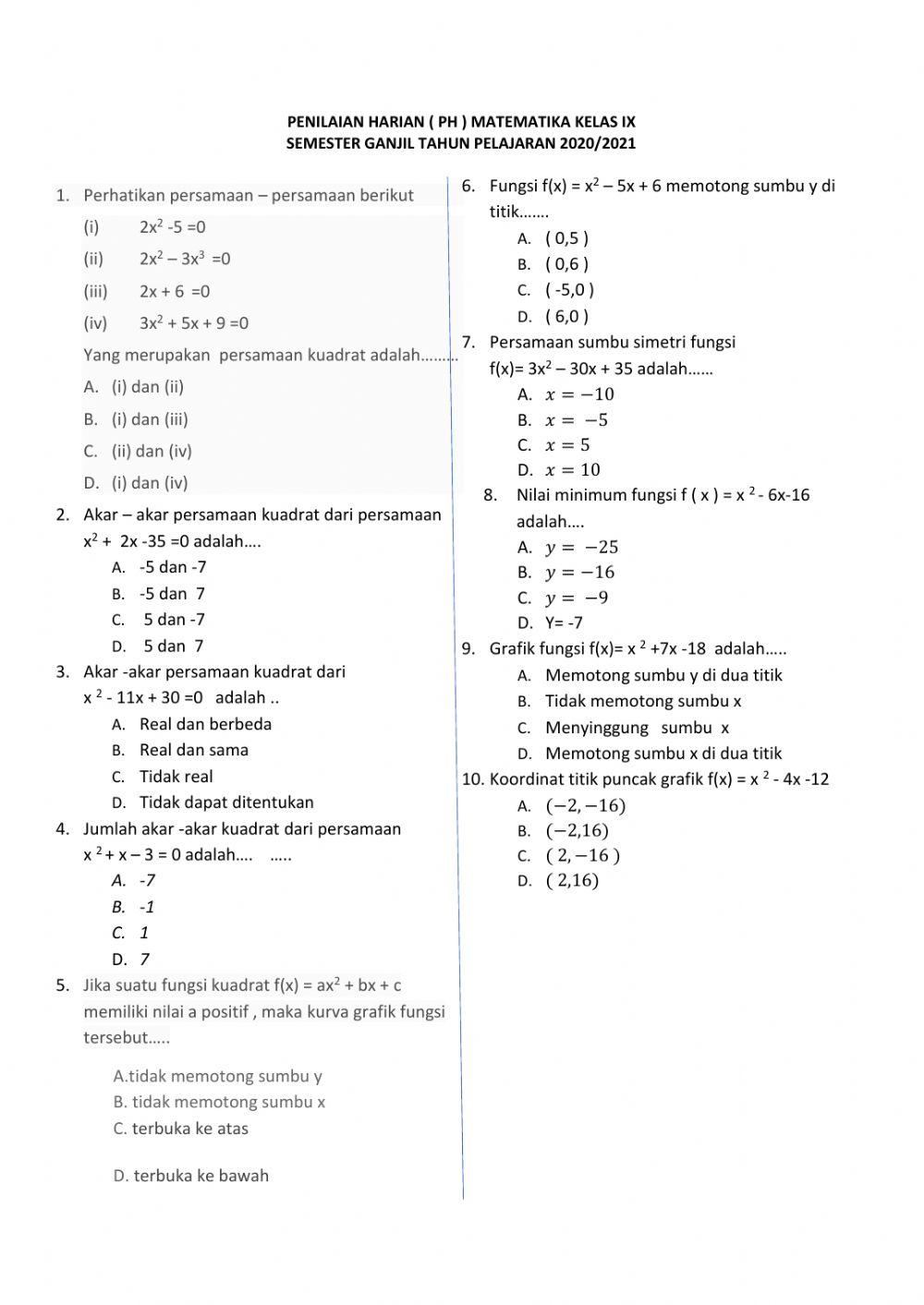 Ph persamaan dan fungsi kuadrat