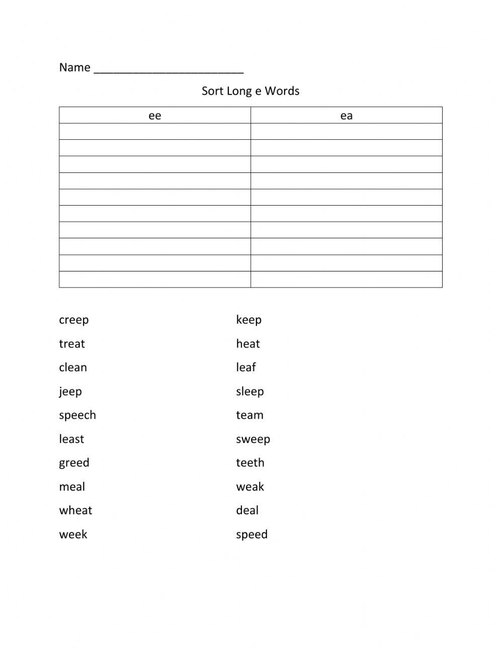 Sort Long e Words worksheet Live Worksheets