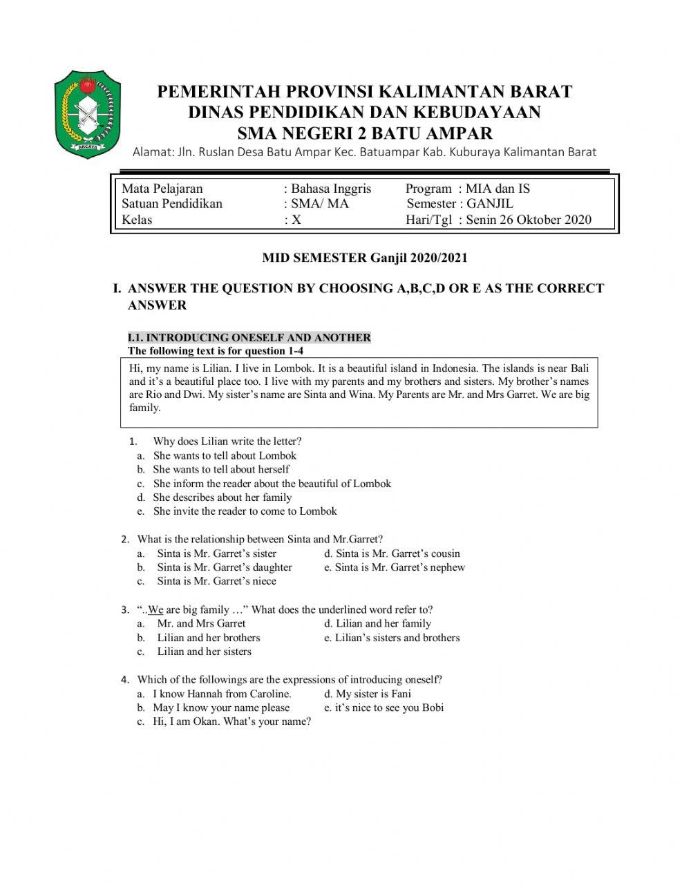 Mid semester bahasa inggris ganjil x mia-is 2020