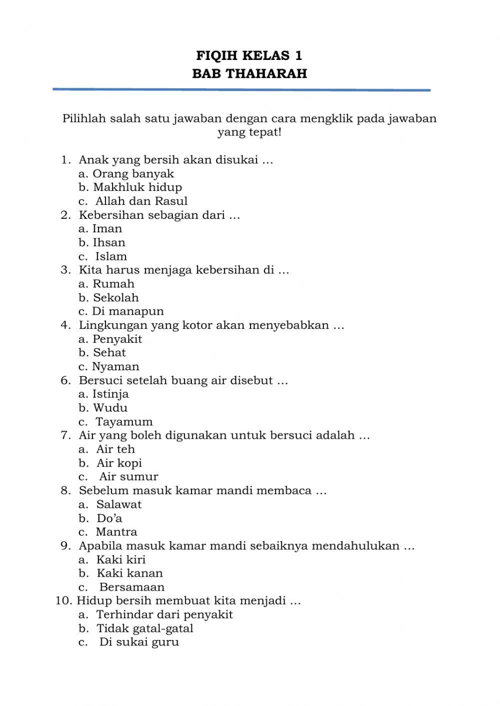 Latihan Fiqih Thaharah Kelas 1