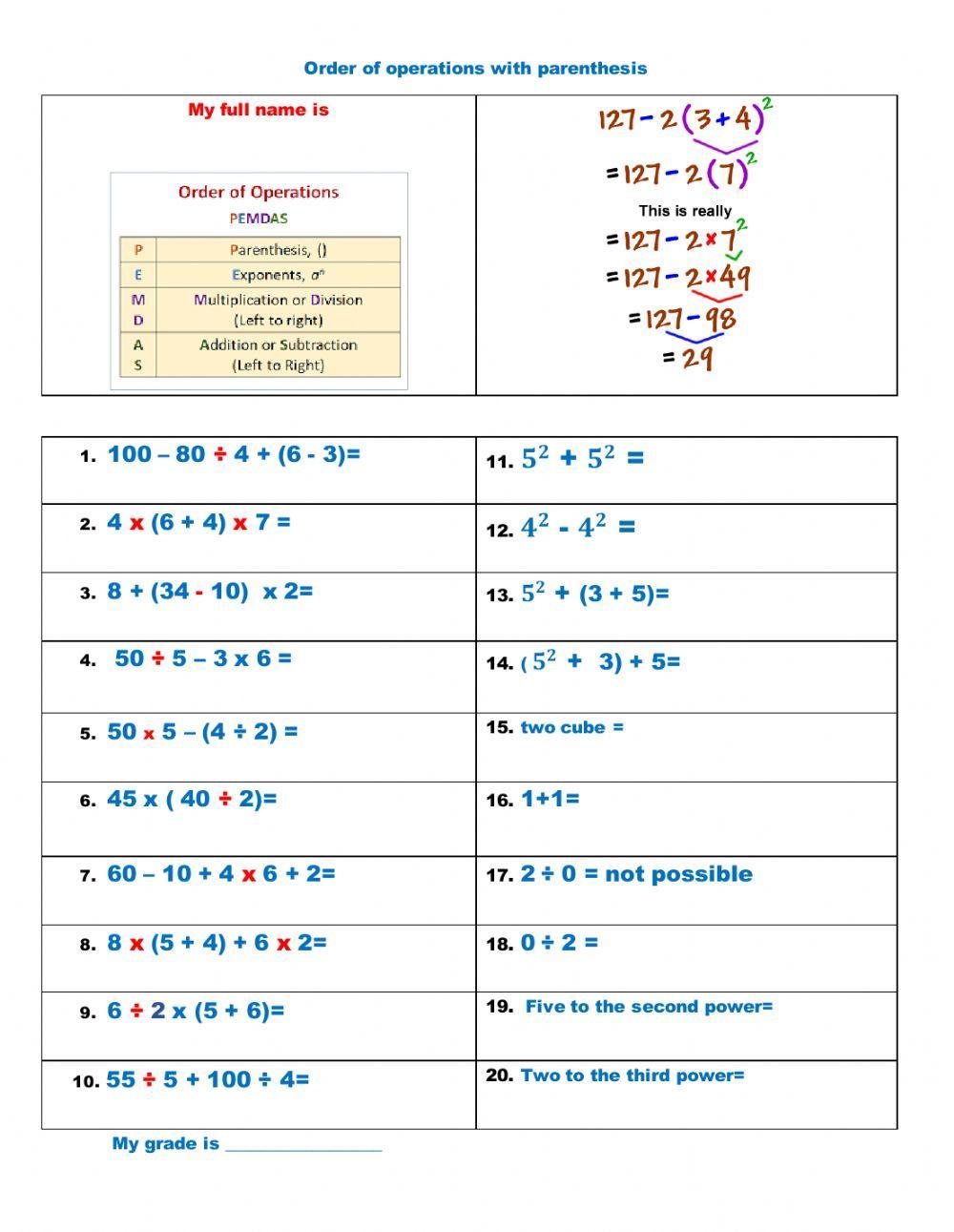 Order of Operation with Exponents and Parentheses
