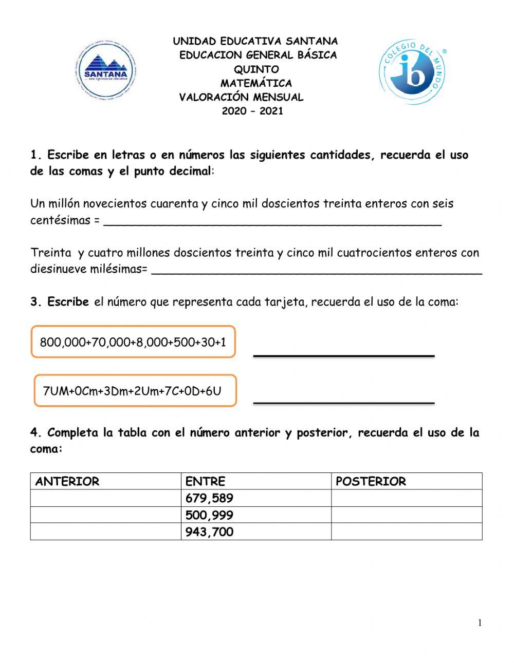 Lectura, escritura y descomposicon de cantidades hasta 7 cifras