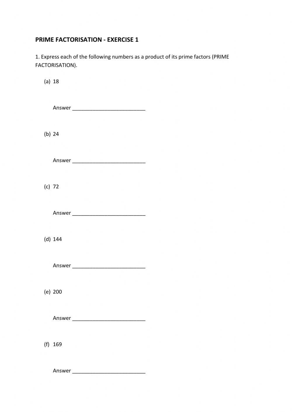 Prime Factorization interactive activity Live Worksheets