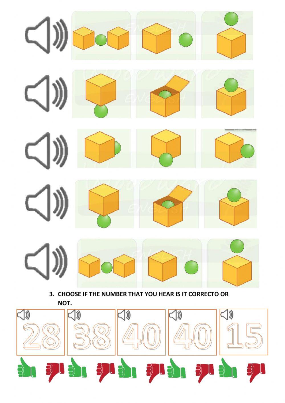 Quiz first grade numbers and preposition of place