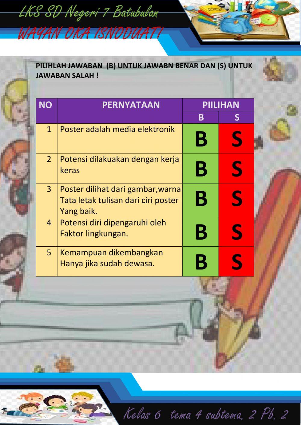 LEMBAR KERJA SISWA kelas 6 tema 4 potensi diri dan poster